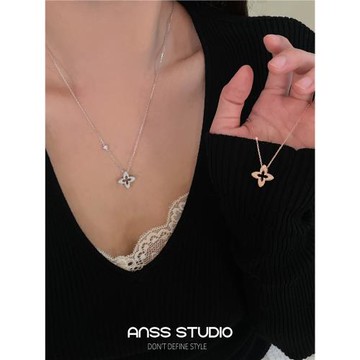 【ANSS】925純銀 小眾設計感拉絲花朵項鏈女 精致鏤空吊墜鎖骨鏈