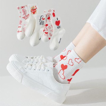 5雙裝春夏季白色襪子女中筒襪紅色愛心love卡通棉潮襪小熊情人節