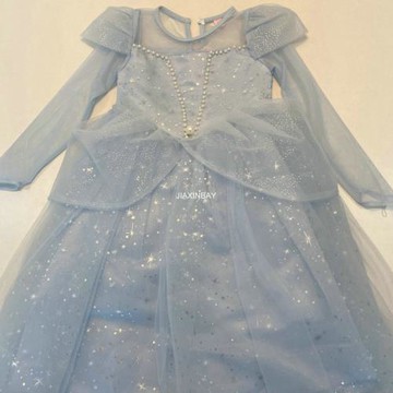 兒童珍珠亮片網紗蓬蓬裙仙女裙2025春夏女童藍色閃閃長袖連衣裙潮