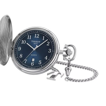 TISSOT 天梭 Savonnette 經典阿拉伯數字石英懷錶(附鍊)-藍x銀/48.5mm T8624101904200