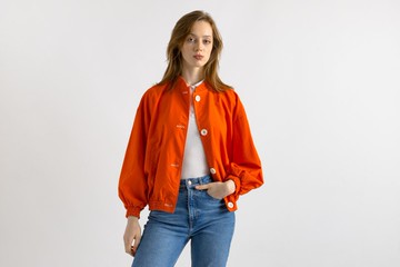 80年代復古女款紅色棉質飛行員夾克 S 碼 7084