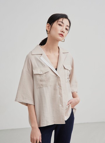 中性落肩寬袖口袋襯衫