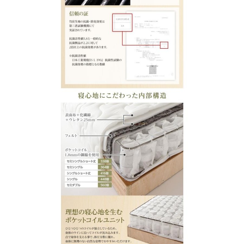 脚付きマットレス 国産 分割型 ポケットコイル 竹炭抗菌・防臭仕様