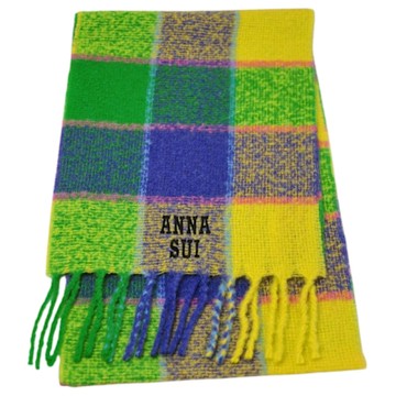 ANNA SUI 優雅格紋蓬鬆羊毛字母LOGO刺繡圍巾(黃綠色系/220CM)