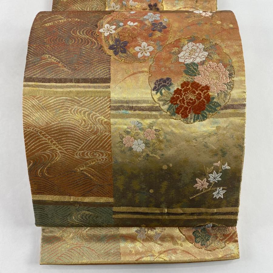 袋帯 美品 秀品 雪輪 草花 刺繍 箔 金色 六通 正絹 中古 通販 LINE 
