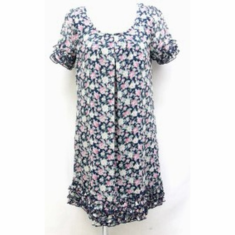 中古 グローブ Grove ワンピース スカート ひざ丈 花柄 フリル 半袖 M ネイビー 紺 レディース 通販 Lineポイント最大1 0 Get Lineショッピング