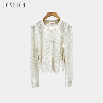 JESSICA - 氣質甜美小方領緹花羊毛針織上衣外套（米）J44502
