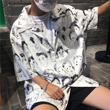 FINDSENSE Z1 日系 時尚 街頭 潮 男 休閒 寬鬆 翻領鈕扣 卡通頭像印花 短袖襯衫 短袖T恤 特色短T