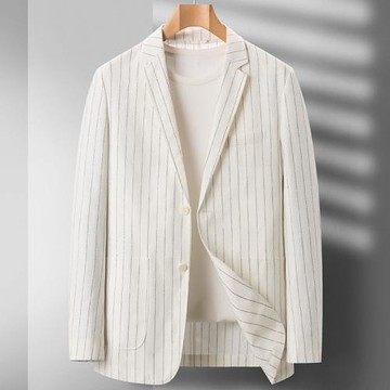 ins春秋季亞麻防曬西服男士棉麻小西裝男士皮膚上衣外套條紋上衣