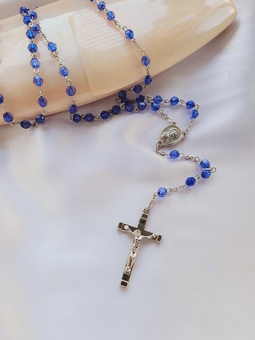美國西洋古董飾品 / 寶藍透光塑珠聖母基督十字墜子Y型長項鍊