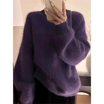 歐貨高級感葡萄紫色水貂絨毛衣女秋冬軟糯慵懶風內搭浣熊絨針織衫