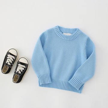 秋冬中厚款簡約男女童兒童寶寶純棉套頭圓領打底淺藍色毛衣針織衫