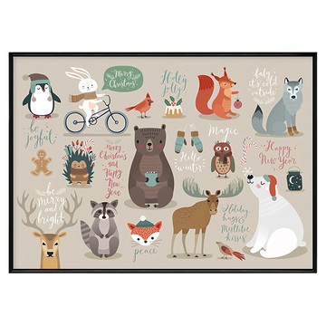 森林小動物的祝福 聖誕新年裝飾畫  50 x 70cm  黑色