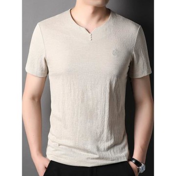 日系復古風亞麻短袖t恤男夏季新品V領薄款中年體恤打底衫休閑上衣