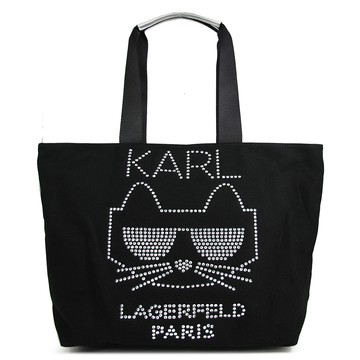 KARL LAGERFELD KRISTEN 水鑽小貓黑色厚織帆布大托特肩背包(大款)