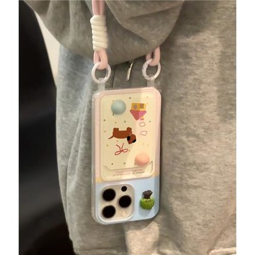 適用夏日格紋卡通小狗卡包蘋果15promax手機殼iphone13新款16帶掛繩軟殼12pro女款14promax硅膠手機套潮11女