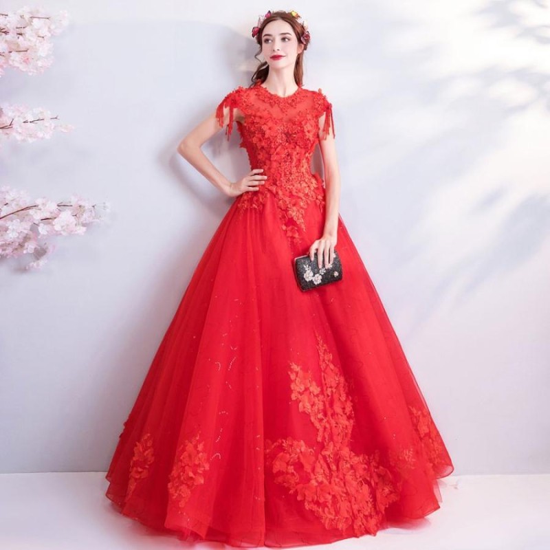カラードレス 赤 ロングドレス 演奏会 安い イブニングドレス 結婚式