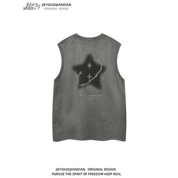 vintage刺繡麂皮絨無袖背心男女高街寬松運動健身潮牌坎肩情侶t恤