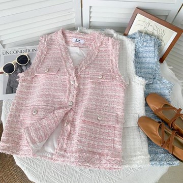 2025新款時尚名媛氣質v領毛須邊粗花呢單排扣無袖背心馬甲上衣女