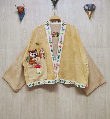 手工刺繡開衫、棉、貓頭鷹、蘑菇、花