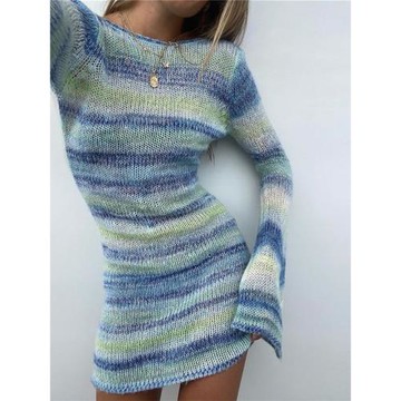 wildgirl2023春秋新款撞色舒適毛衣連衣裙女露背長袖圓領條紋短裙