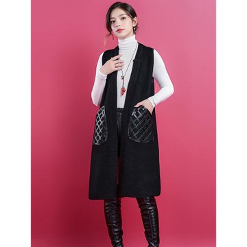 秋冬針織無袖馬甲背心女黑色中長款坎肩外搭雙口袋百搭外套開衫