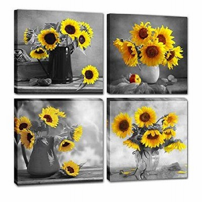 並行輸入品Sunflower Wall Decor Canvas Art / Black Yellow Flowers Pictures for Living Room Bathroom Bedroom Decoraton / Kitchen Set Framed Chea並行輸入