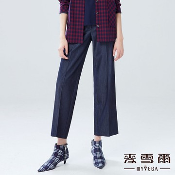 Myvega麥雪爾 MIT輕薄仿牛仔彈性腰寬直筒九分褲-深藍