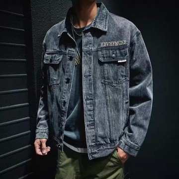 高端美式復古牛仔外套男潮牌ins英文刺繡寬松大碼工裝夾克上衣潮