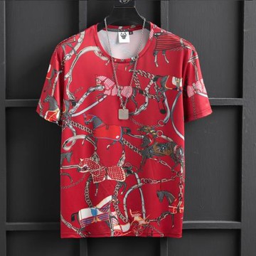 歐美無痕柔軟小馬印花圖案冰絲短袖T恤大碼男裝絲光棉半袖體恤衫