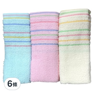 功夫毛巾 棉柔吸水毛巾 條紋色紗毛巾 FT03  6條  混和顏色  藍色 + 黃色 + 粉色