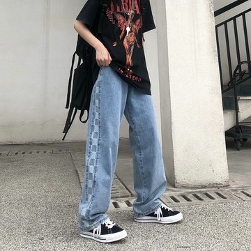 牛仔褲男 韓版潮流直筒牛仔褲 寬松大碼牛仔褲 潮牌港風長褲 棋盤格牛仔褲男女 設計感小眾直筒闊腿褲 復古做舊牛仔褲