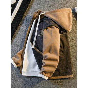 青少年拼接撞色牛仔外套男春秋季假兩件連帽夾克潮牌寬松休閑上衣