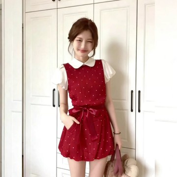 日系 調皮可愛波點裙 小紅裙假兩件短裙 收腰泡芙裙甜美小個子 復古印花短袖連衣裙 花苞裙 學生娃娃領裙子 a字裙