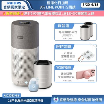 ★贈6年份濾網★飛利浦抗敏奈米級空氣清淨機(AC3033/86)-適用22坪