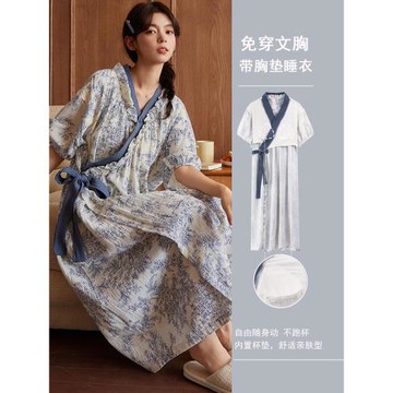 帶胸墊一體睡袍女夏季中長款云朵棉日式V領和服浴袍短袖睡衣裙子
