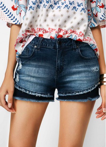 Frayed Hem Pocket Denim Blue Shorts