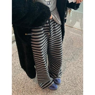韓系深灰色橫條紋闊腿褲女冬季新款休閑慵懶風顯瘦松弛感百搭長褲