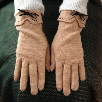 沛錦羊毛手套 秋冬翻邊蝴蝶結針織保暖加絨內膽羊毛女士觸屏手套1入