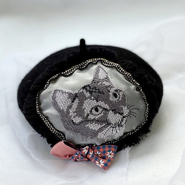 貝蕾帽beret /貴族貓咪貝雷帽 羊毛 刺繡蕾絲帽子 蓓蕾帽 畫家帽
