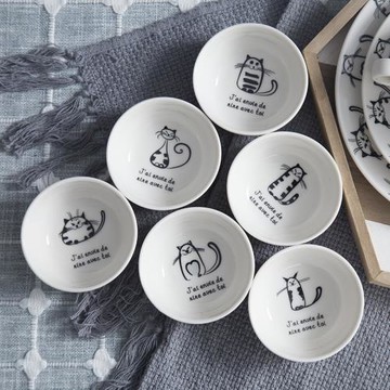 釉下彩陶瓷紳士貓咪套裝可愛雙耳米飯碗法式水杯子平盤橢圓餐盤