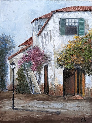 城市油畫復古房屋原始藝術白宮手工花卉歷史