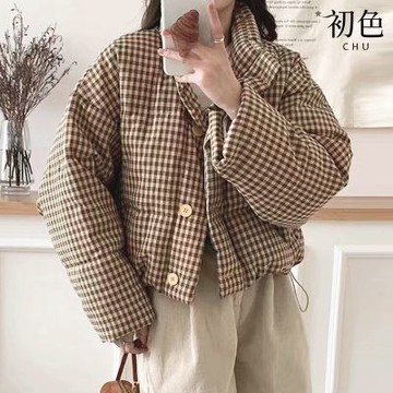 初色 復古小格紋寬鬆保暖防寒蓬鬆縮繩立領排扣長袖羽絨衣外套女外套-共2色-16687(S/M可選)