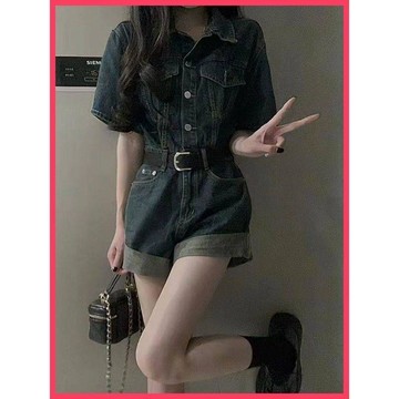 『ATC』 夏季新款港風捲邊短褲甜酷連體牛仔褲一體式復古收腰顯瘦闊腿褲子