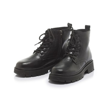 小時光 復古皺感皮革綁帶厚底短靴 黑 (7D3106)