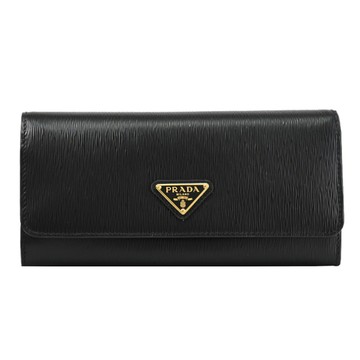 PRADA 1MH132 經典三角LOGO水波紋翻蓋雙扣式發財長夾.黑