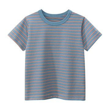 27KIDS - 純棉短袖上衣-細條紋-灰藍x橘