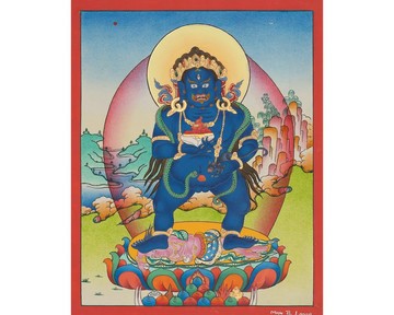 藍色財神忿怒相俱毘羅唐卡手繪藝術品