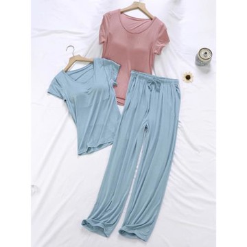 女士夏季帶胸墊睡衣短袖長褲莫代爾春家居服休閑服外穿兩件套秋冬