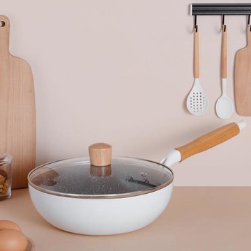 麥飯石炒鍋不粘鍋家用平底炒菜鍋加厚白色小炒鍋電磁爐燃氣灶適用